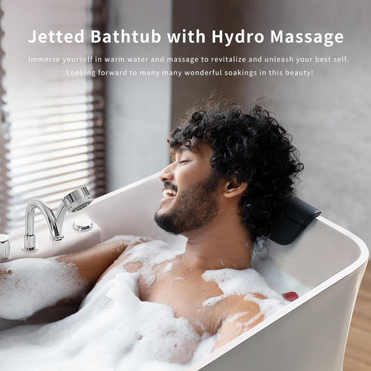 Empava 59-Inch White Freestanding Whirlpool Bathtub Rectangular with 8 Hydromassage Adjustable Water Jets