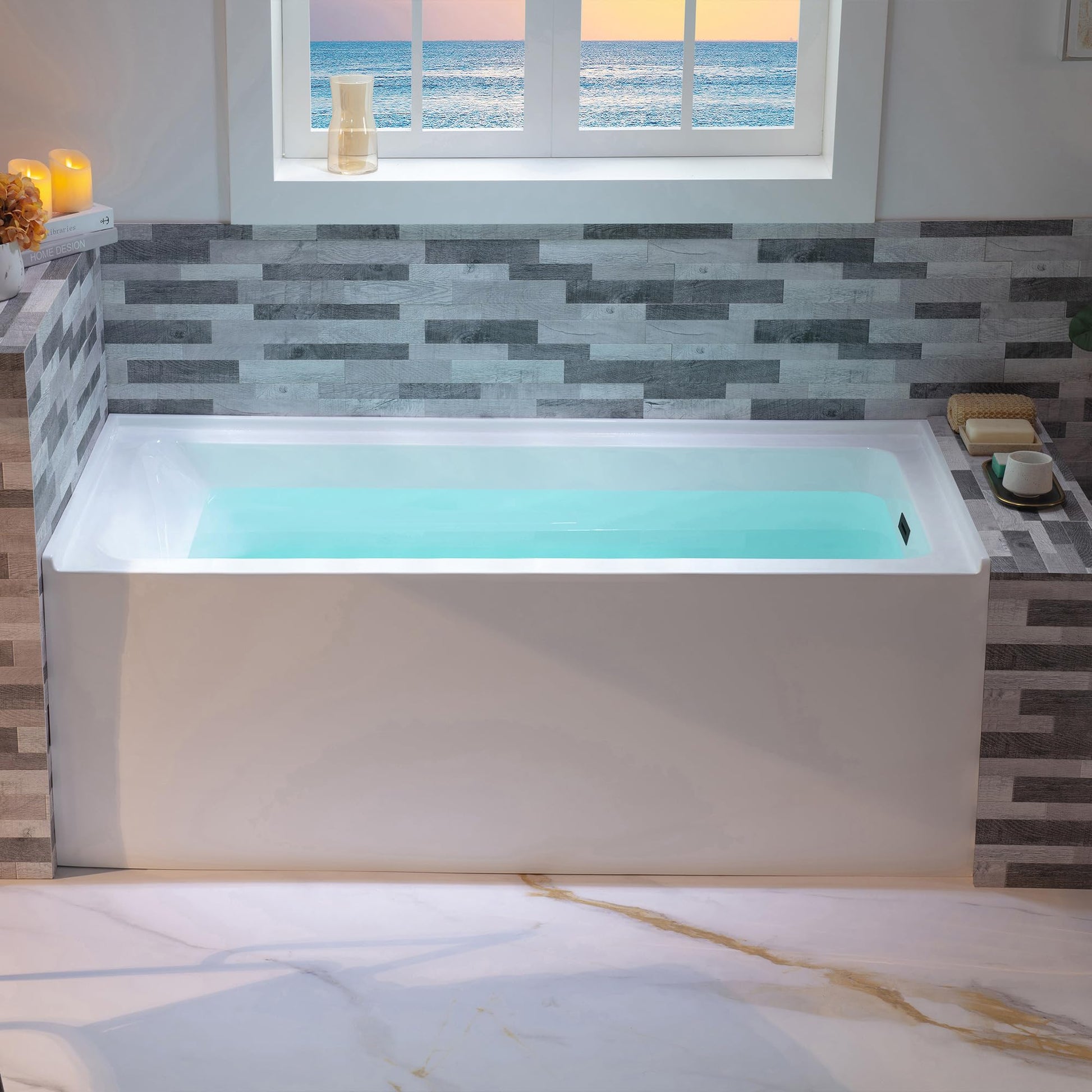WOODBRIDGE 60" Acrylic Rectangular Alcove Soaking Bathtub in White with Left Drain, Brushed Nickel pop-up Drain Included, LB428-L