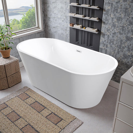 59"Acrylic Free Standing Bathtub, Bath Tub for Bathroom Glossy White, Stand Alone Soaking Tub, Modern Bathtub with Chrome Overflow and Drain