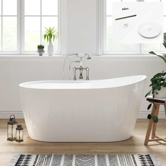 FerdY Lana'i 60" Freestanding Bathtub, Gracefully Shaped Freestanding Soaking tub, Glossy White, cUPC Certified, Brushed Nickel Drain & Overflow Assembly Included-02125