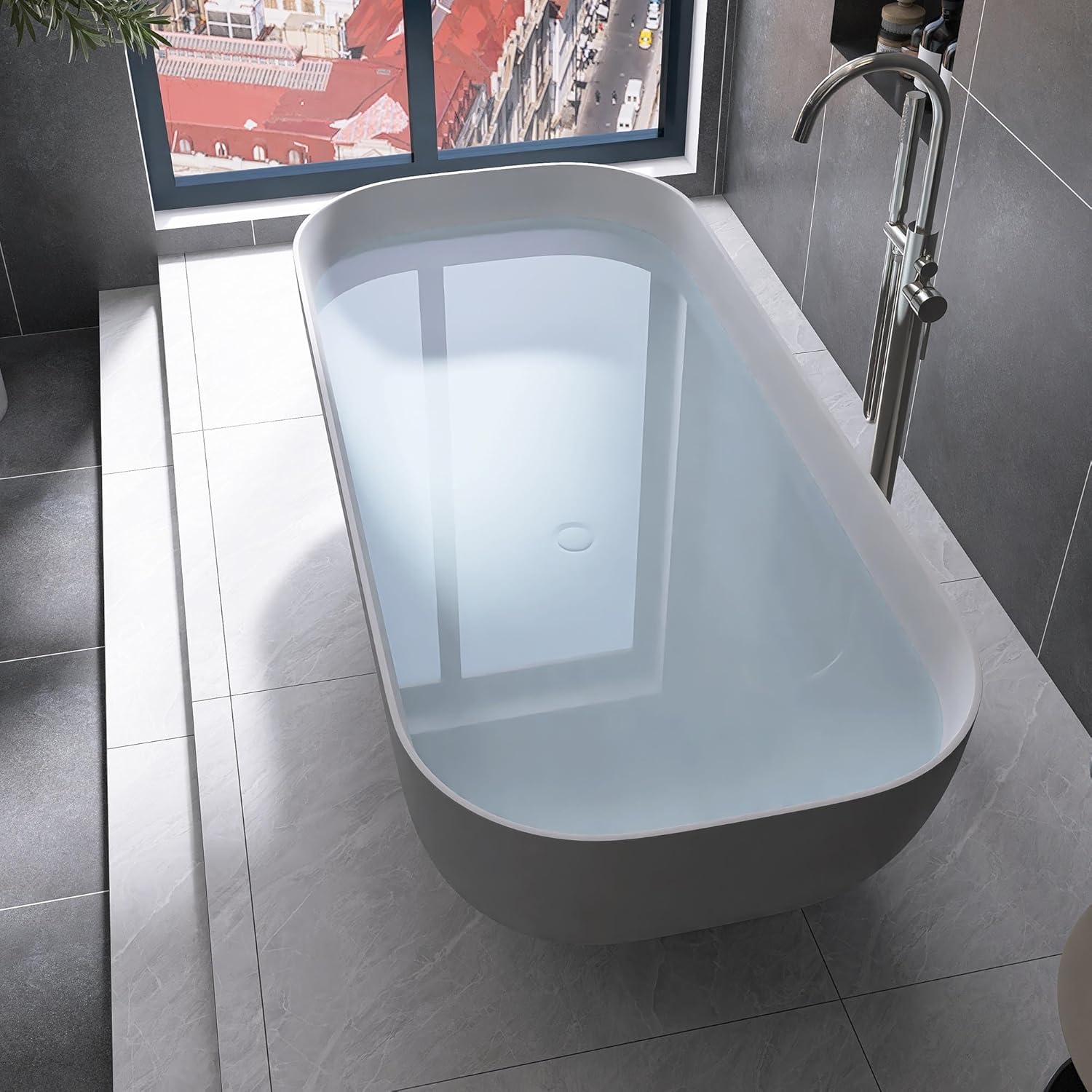 Stone Resin Freestanding Bathtub 65", Elegant Oval Shape Soaking Tub, Solid Surface Stand Alone Bathtub with Drain & Integrated Slotted Overflow Matte White AMFS329-1650