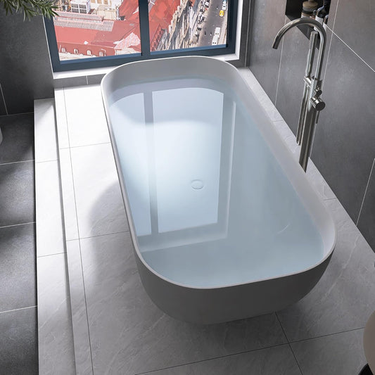 Stone Resin Freestanding Bathtub 65", Elegant Oval Shape Soaking Tub, Solid Surface Stand Alone Bathtub with Drain & Integrated Slotted Overflow Matte White AMFS329-1650
