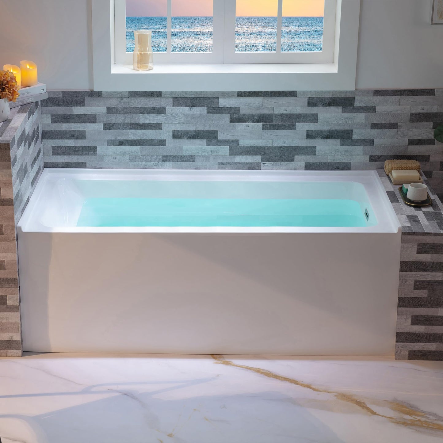 WOODBRIDGE 60" Acrylic Rectangular Alcove Soaking Bathtub in White with Left Drain, Brushed Nickel pop-up Drain Included, LB428-L