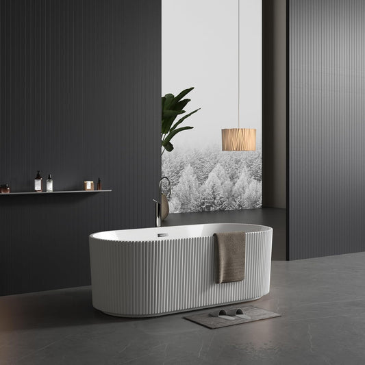 67" Modern Freestanding Bathtub,V Shape Freestanding Soaking Acrylic Bathtub,Unique Design Pleated Tub with Chrome Drain and Classic Slotted Overflow,Cupc Certified,Gloss White