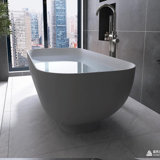 Stone Resin Freestanding Bathtub 65", Elegant Oval Shape Soaking Tub, Solid Surface Stand Alone Bathtub with Drain & Integrated Slotted Overflow Matte White AMFS329-1650