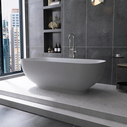 Stone Resin Freestanding Bathtub 65", Elegant Oval Shape Soaking Tub, Solid Surface Stand Alone Bathtub with Drain & Integrated Slotted Overflow Matte White AMFS329-1650