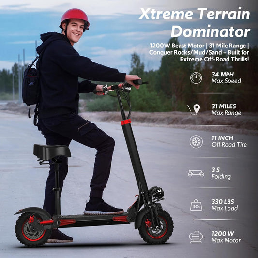 48V 1200W Electric Scooter for Adult 11"Off Road Fat Tires Fast Speed USA MAX X6