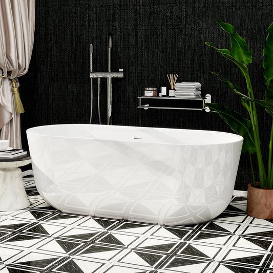 59"Acrylic Free Standing Bathtub, Bath Tub for Bathroom Glossy White, Stand Alone Soaking Tub, Modern Bathtub with Chrome Overflow and Drain