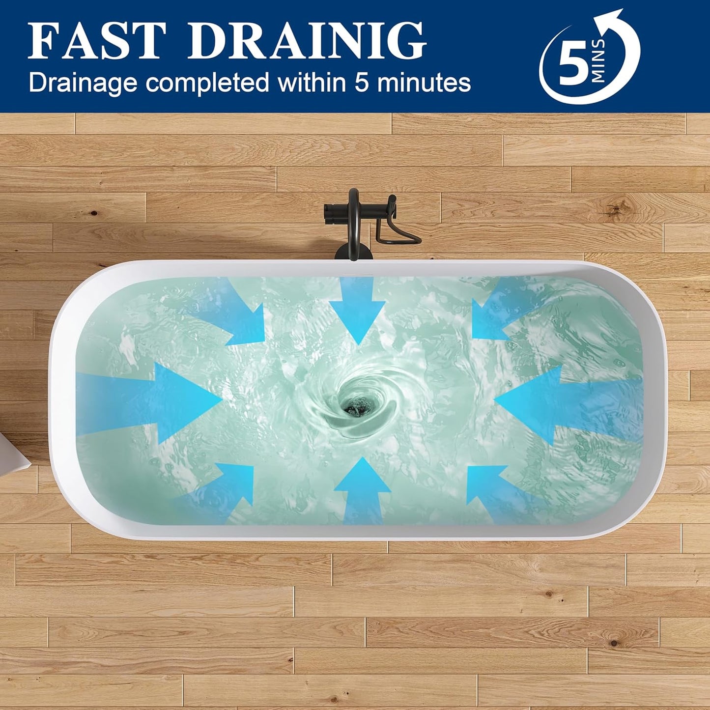 Stone Resin Freestanding Bathtub 65", Elegant Oval Shape Soaking Tub, Solid Surface Stand Alone Bathtub with Drain & Integrated Slotted Overflow Matte White AMFS329-1650