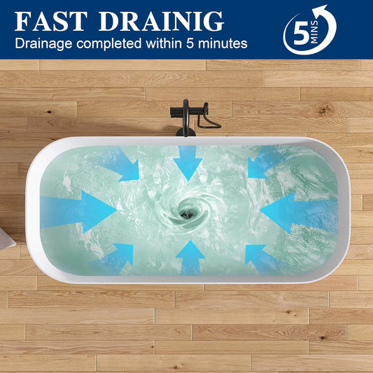 Stone Resin Freestanding Bathtub 65", Elegant Oval Shape Soaking Tub, Solid Surface Stand Alone Bathtub with Drain & Integrated Slotted Overflow Matte White AMFS329-1650