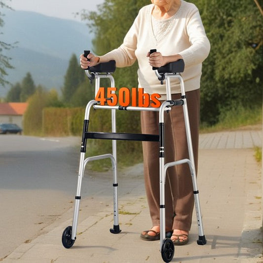 2 in 1 Folding Walker with Armrest Pads & 5" Solid Wheel Height Adjustable