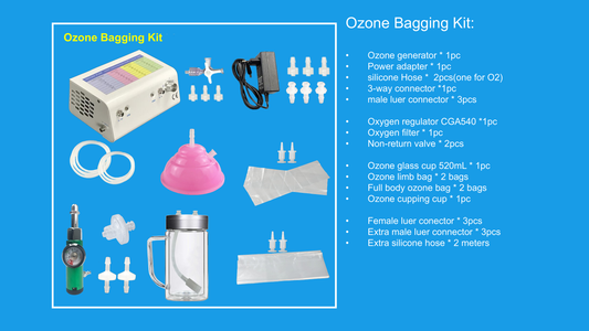 complete ozone therapy treatment system which is the base system plus each of the following kits:  Ear insufflation kit Rectal insufflation kit Ozone water/oil kit Syringe kit Limb bag kit Vaginal kit