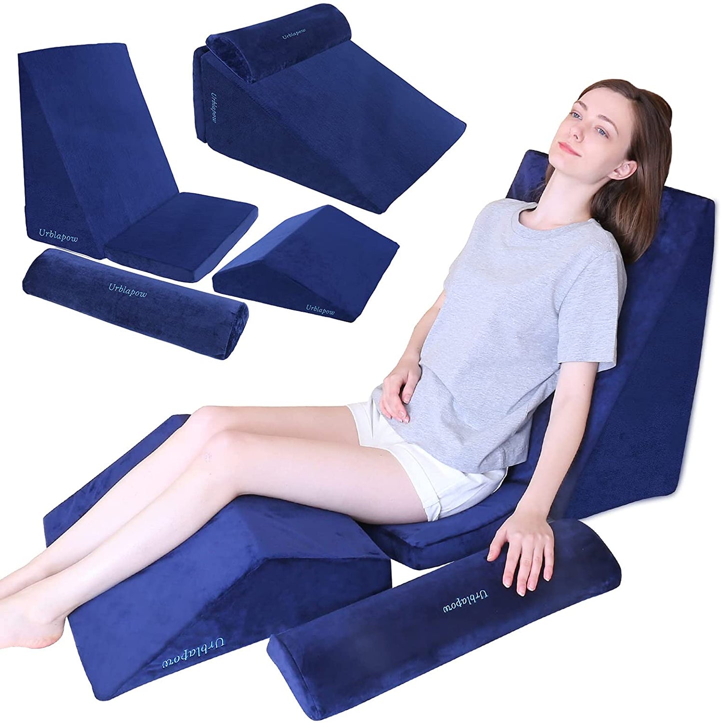 Bed Wedge Pillow for Back Neck and Leg Pain Relief I Blue -