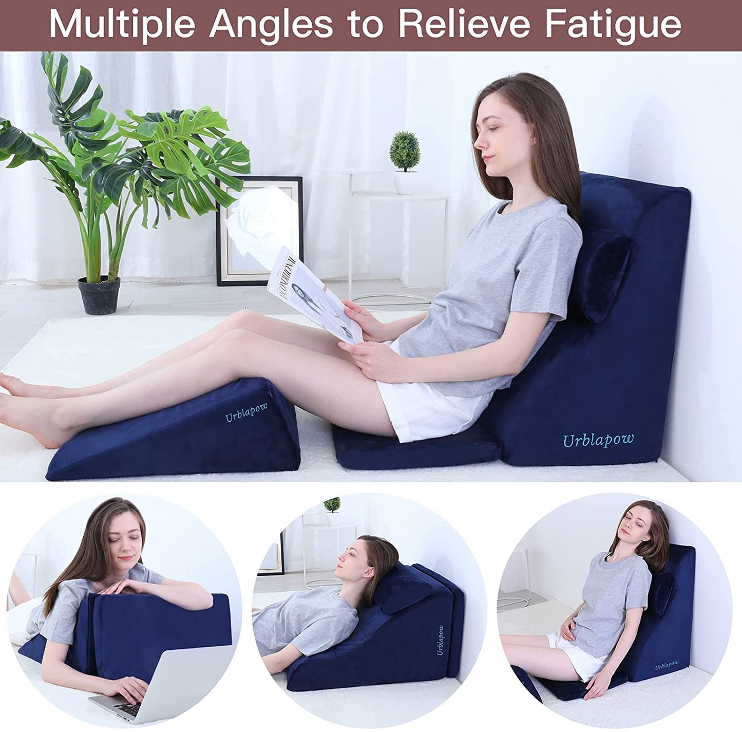 Bed Wedge Pillow for Back Neck and Leg Pain Relief I Blue -