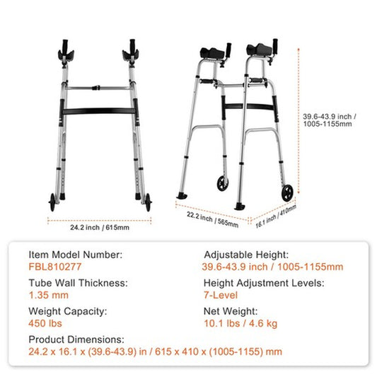 2 in 1 Folding Walker with Armrest Pads & 5" Solid Wheel Height Adjustable