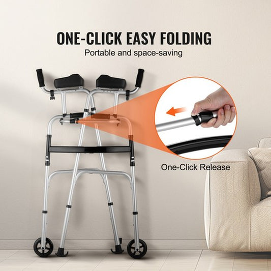 2 in 1 Folding Walker with Armrest Pads & 5" Solid Wheel Height Adjustable