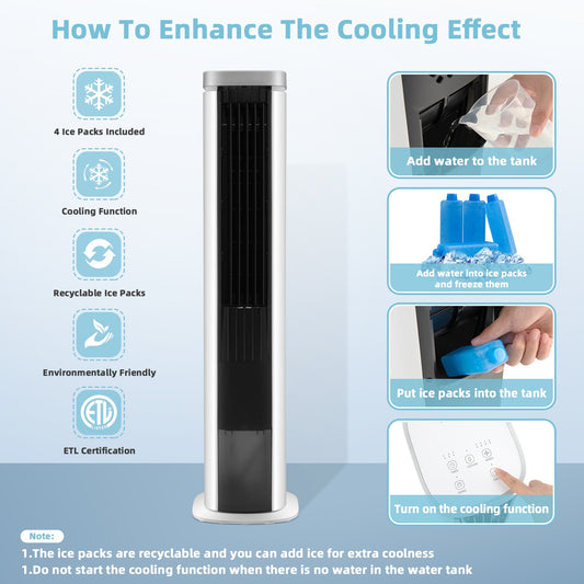 3-In-1 Portable Evaporative Air Cooler 40" Bladeless Cooling Tower Fan W/Timer