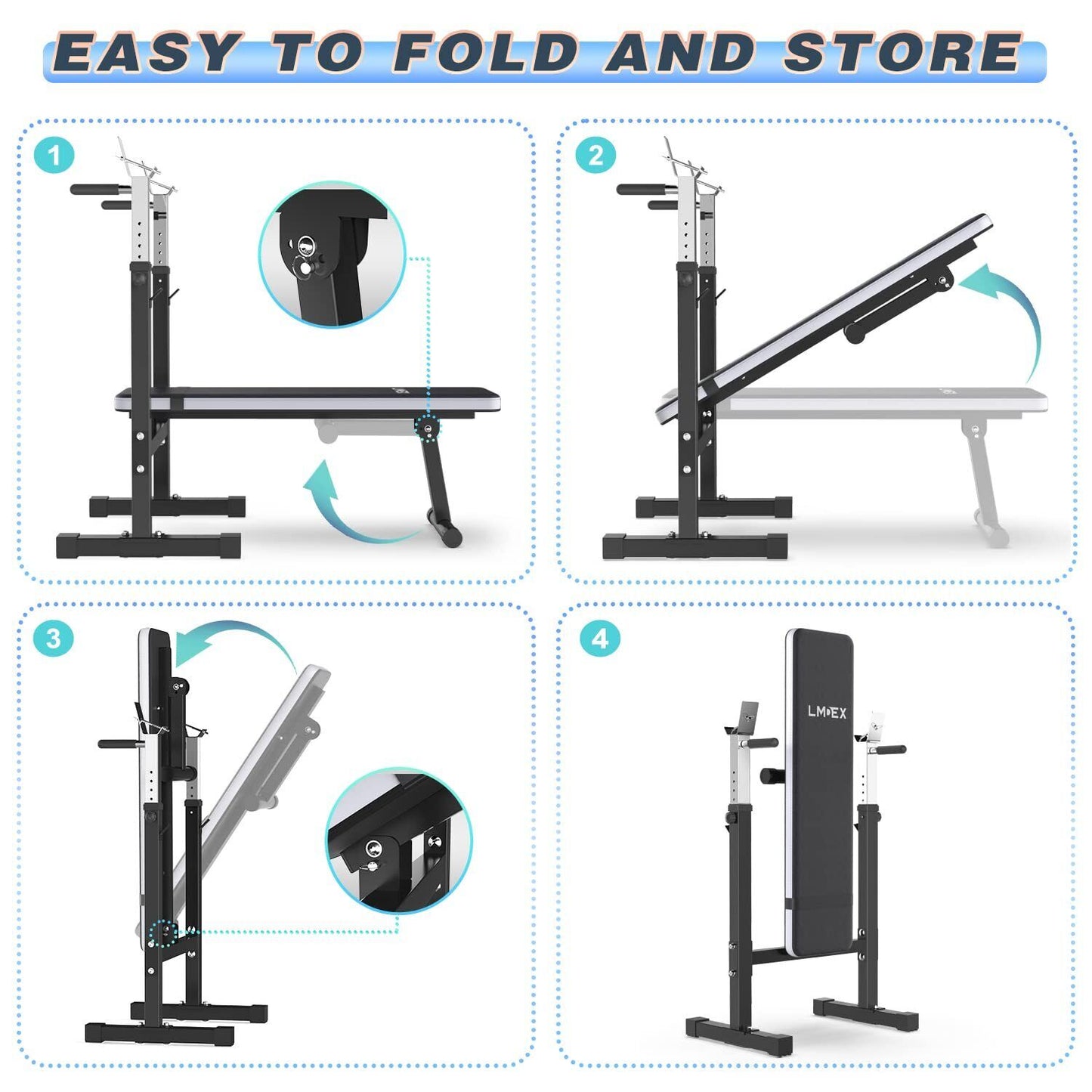 Adjustable Weight Bench Press with Squat Rack | Folding Multi-Function Dip Station