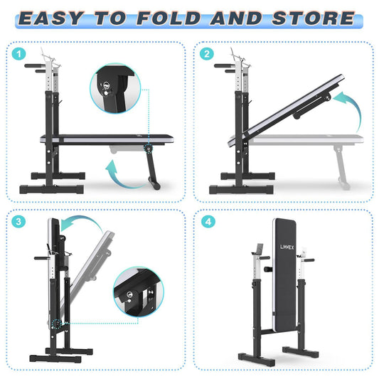 Adjustable Weight Bench Press with Squat Rack | Folding Multi-Function Dip Station