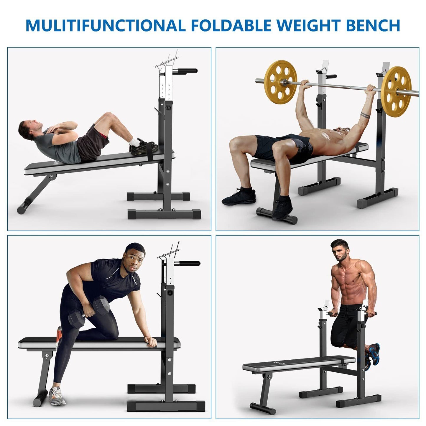 Adjustable Weight Bench Press with Squat Rack | Folding Multi-Function Dip Station