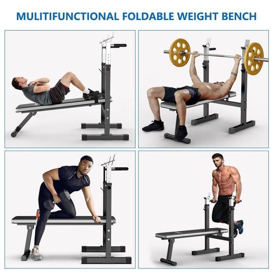 Adjustable Weight Bench Press with Squat Rack | Folding Multi-Function Dip Station